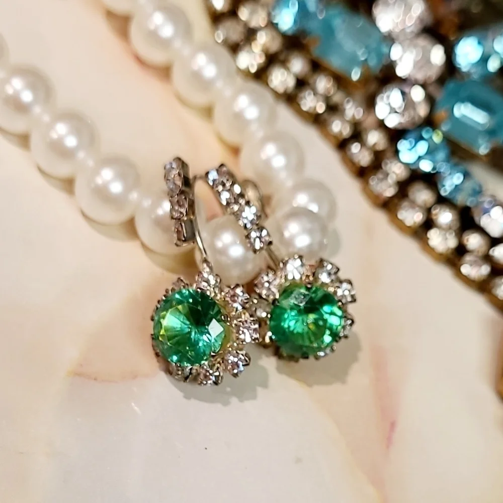 Vintage Green Crystal Rhinestone Lever back Earrings